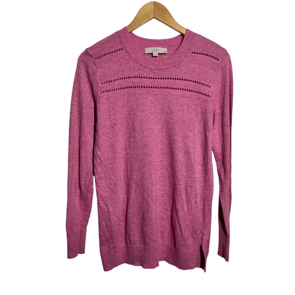 LOFT Stitched Yoke Tunic Sweater Women M Pink LightWeight Prep Wool Blend Spring